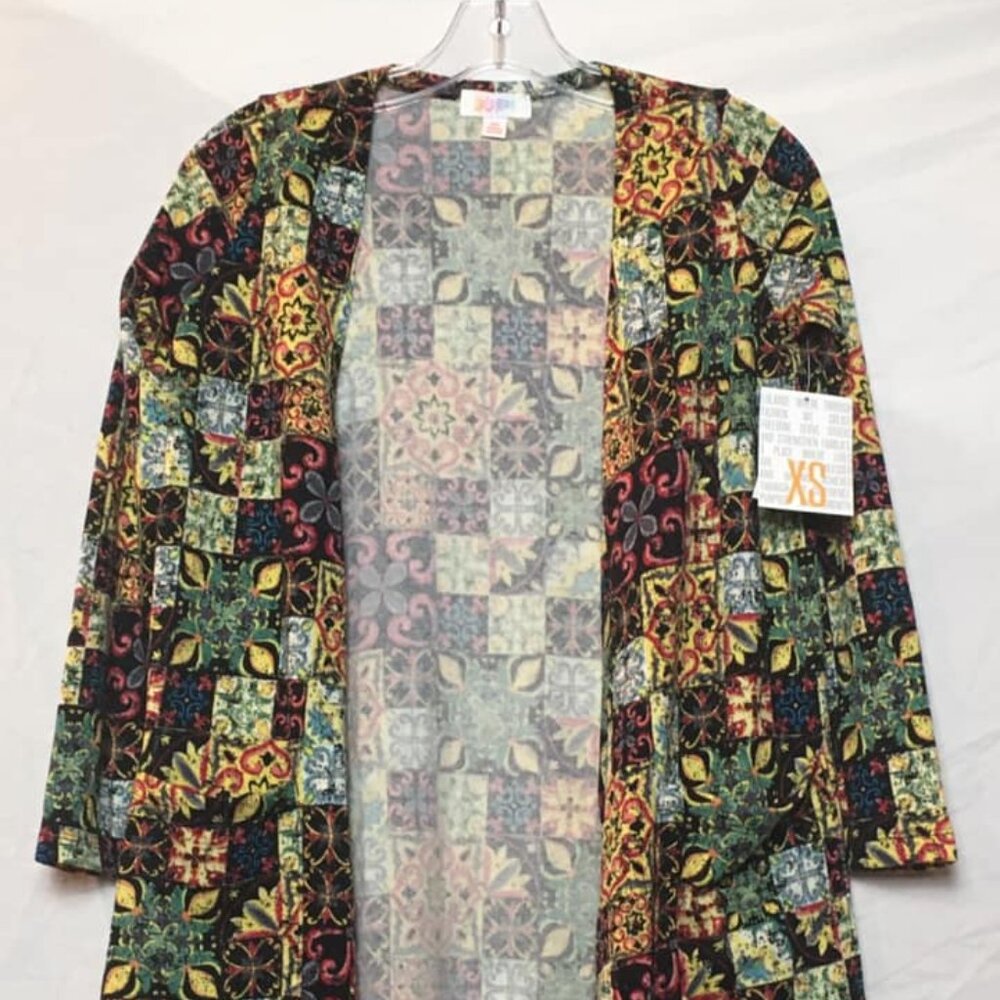 XS LuLaRoe Sarah Long Cardigan Rainbow Catherdral Stain Glass Sweater Pockets